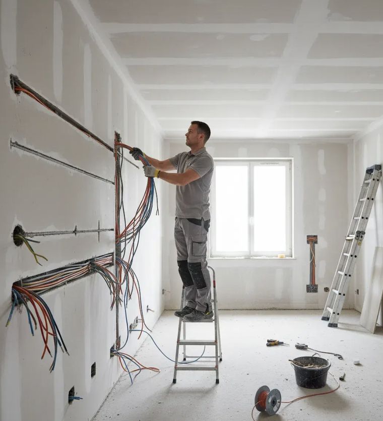 Électricien de Services Habitat câblant une pièce en rénovation