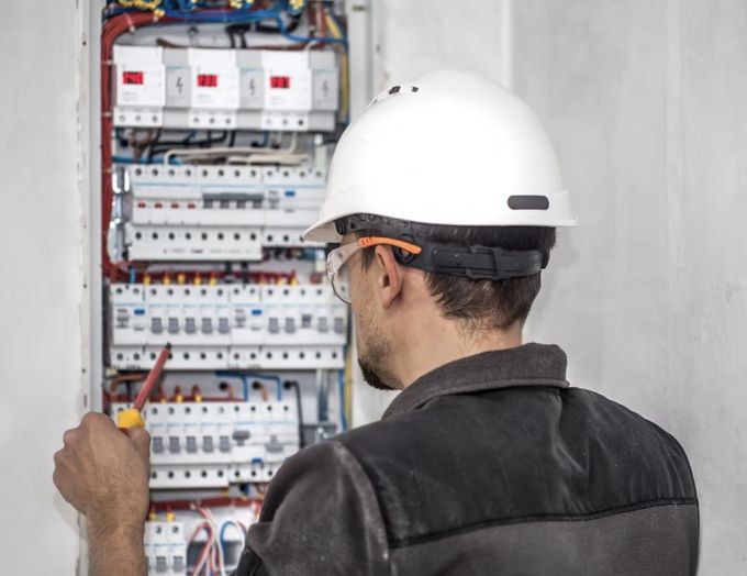 Électricien intervenant sur des disjoncteurs