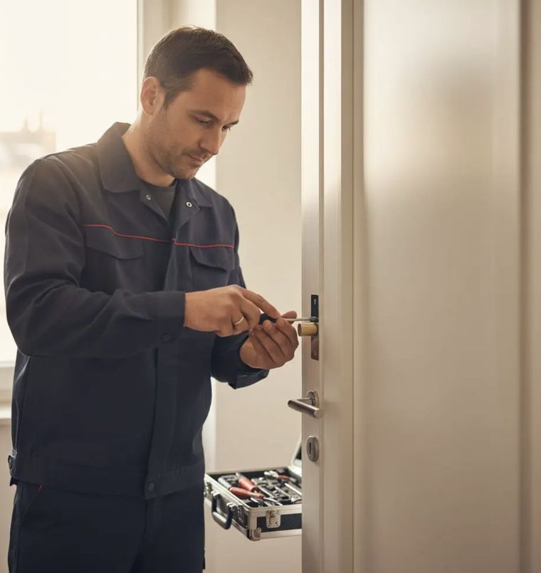 Serrurier de Services Habitat travaillant sur une serrure